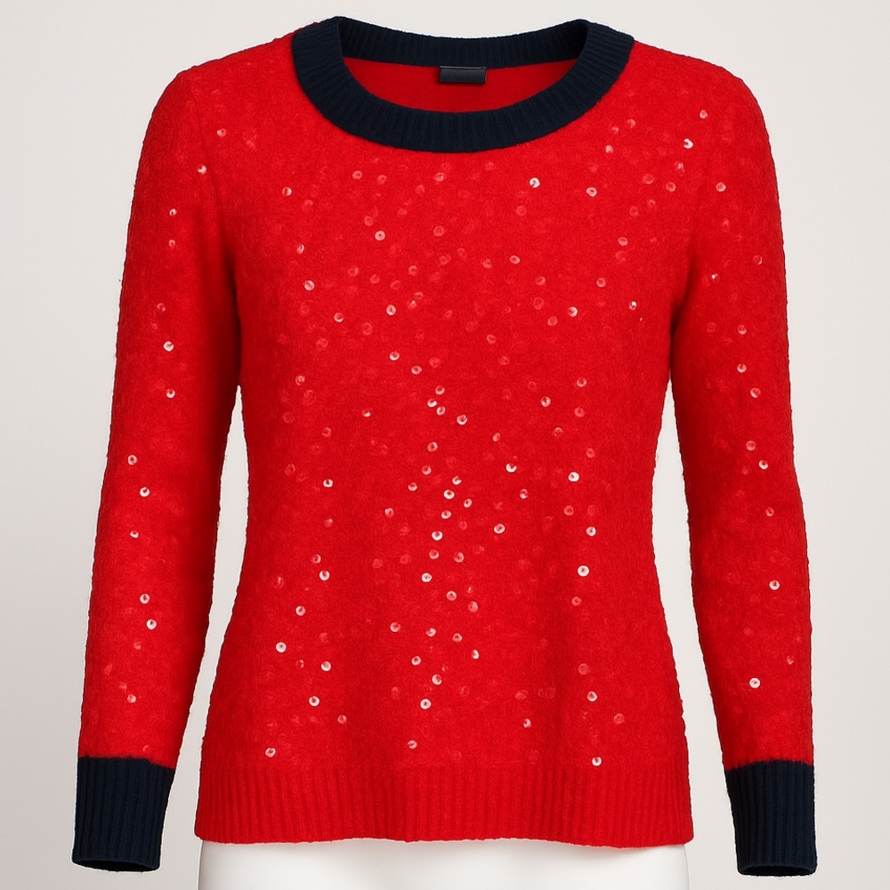 J.Crew Red & Navy Wool Mohair Blend Sweater Sequin Knit, Festive Holiday Party S